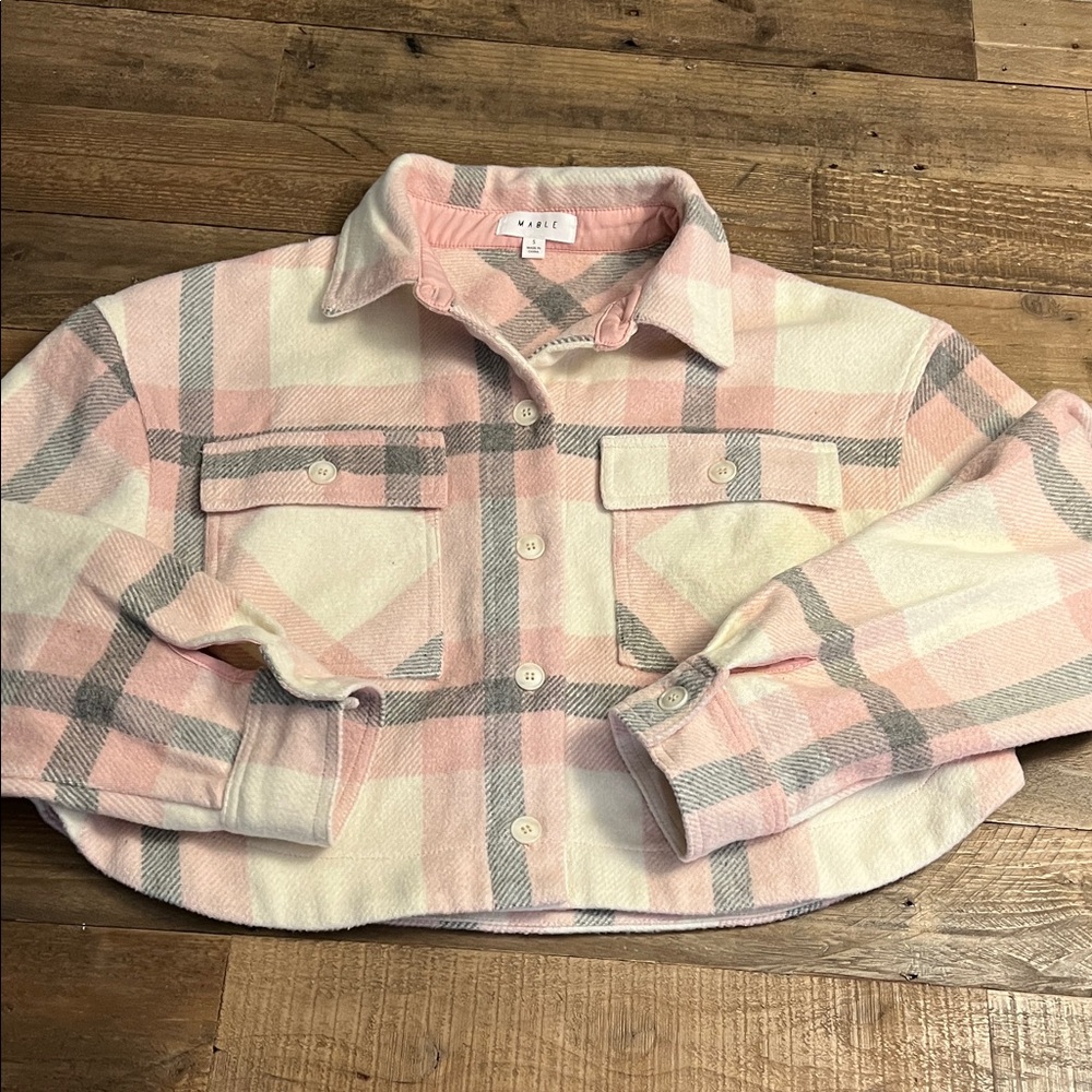 MABLE Pink, Gray and Cream Plaid Flannel Cropped JACKET Coat TOP Small